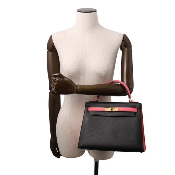 エルメス ハンドバッグ ケリー28 外縫い ブラック/ローズアザレ/ゴールド金具 エプソン C刻印 2wayショルダー 黒