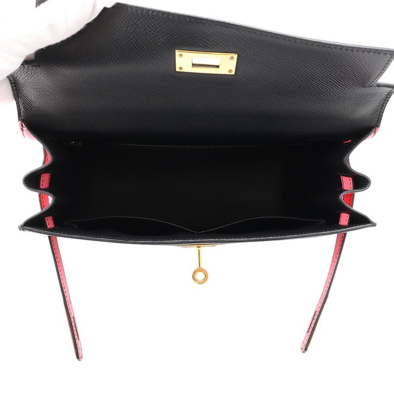 エルメス ハンドバッグ ケリー28 外縫い ブラック/ローズアザレ/ゴールド金具 エプソン C刻印 2wayショルダー 黒