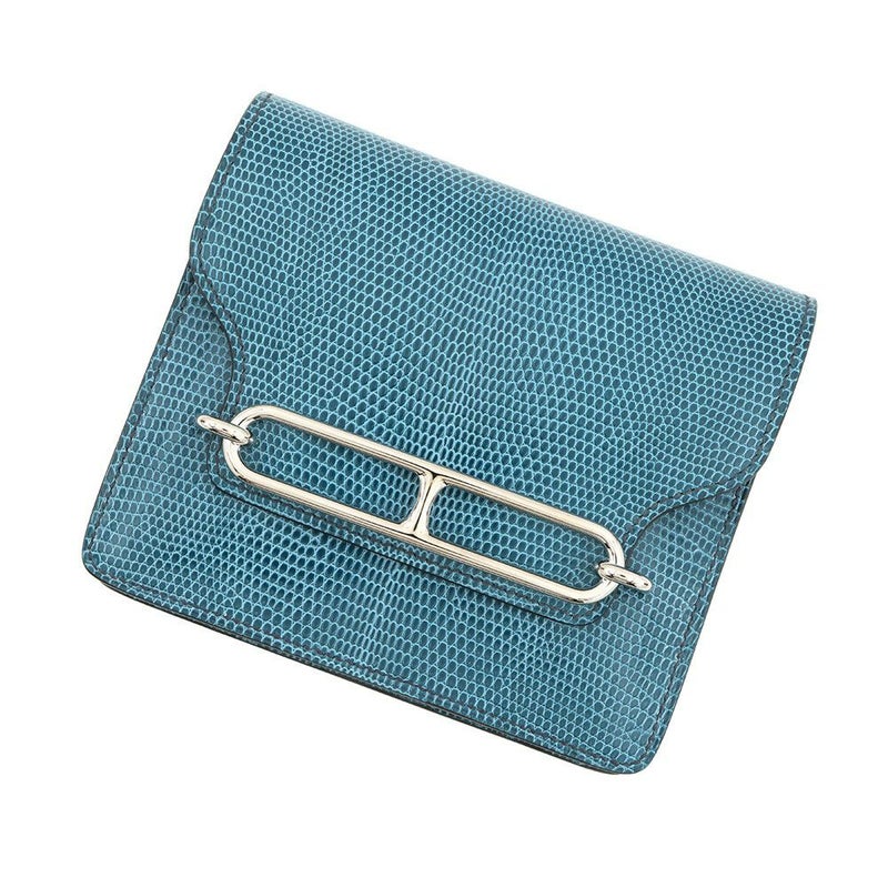 エルメス 財布 ロウリス ルリ スリム ブルーペトロール/シルバー金具 リザード W刻印 財布