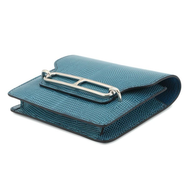 エルメス 財布 ロウリス ルリ スリム ブルーペトロール/シルバー金具 リザード W刻印 財布