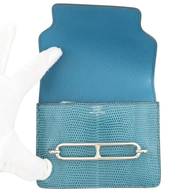 エルメス 財布 ロウリス ルリ スリム ブルーペトロール/シルバー金具 リザード W刻印 財布