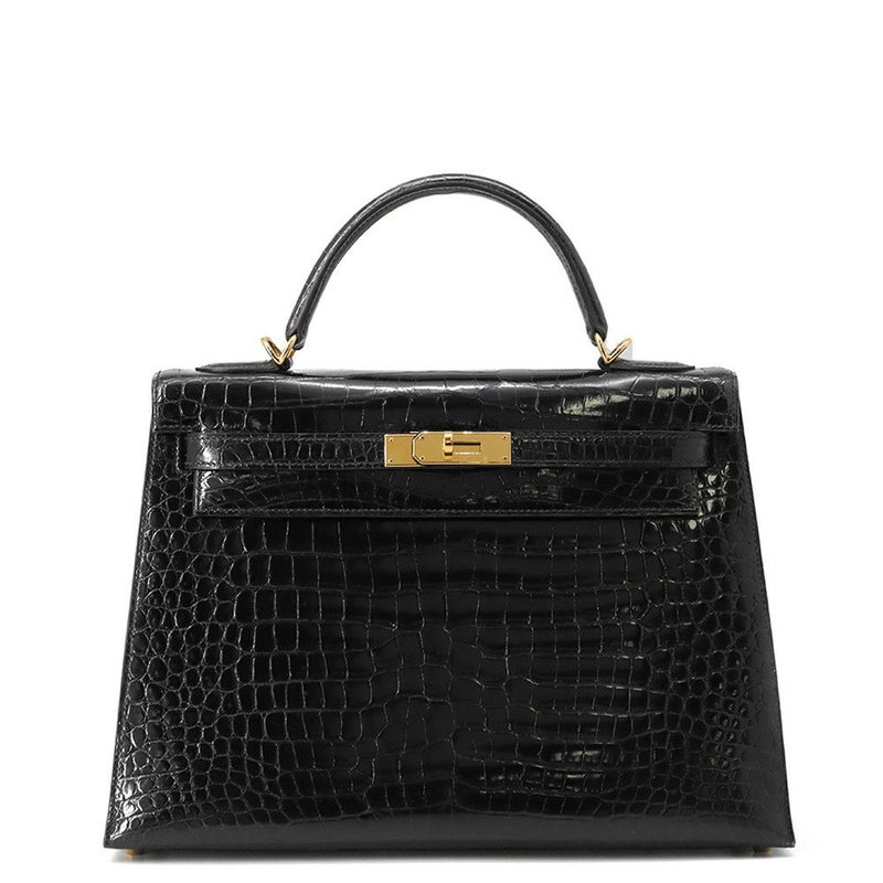 エルメス ハンドバッグ ケリー32 外縫い ブラック/ゴールド金具 ポロサスシャイン □E刻印 2wayショルダー 黒