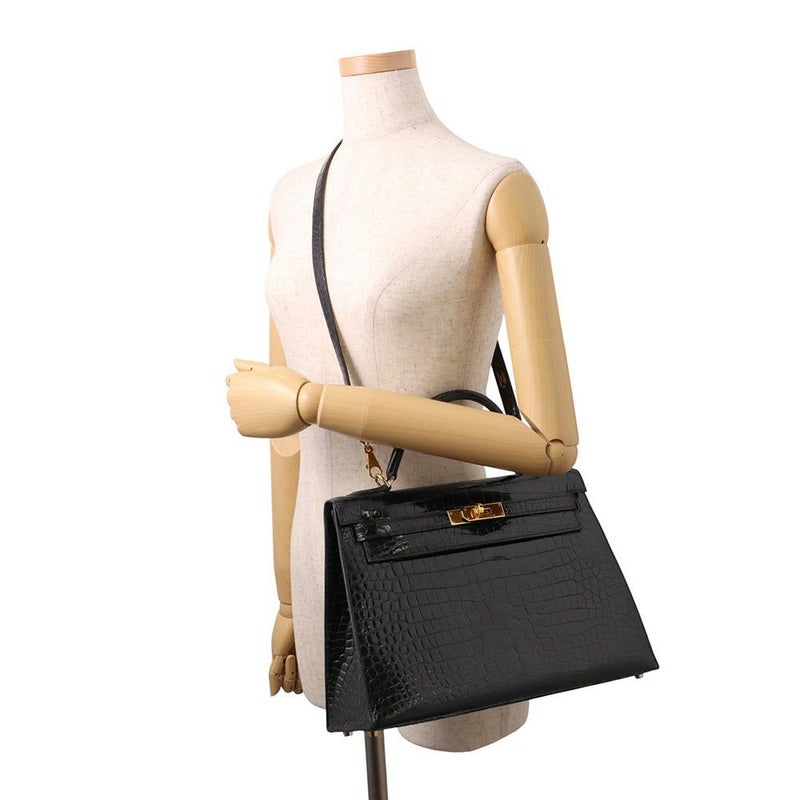 エルメス ハンドバッグ ケリー32 外縫い ブラック/ゴールド金具 ポロサスシャイン □E刻印 2wayショルダー 黒