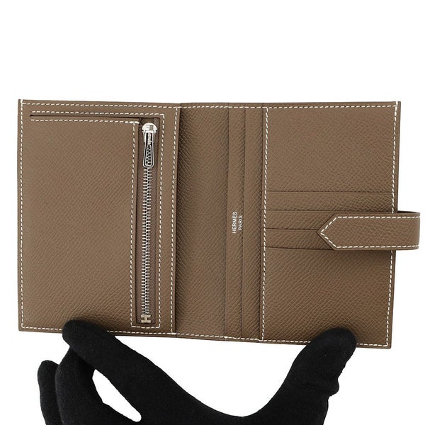 エルメス 二つ折り財布 ベアンコンパクト エトゥープ/シルバー金具 エプソン K刻印