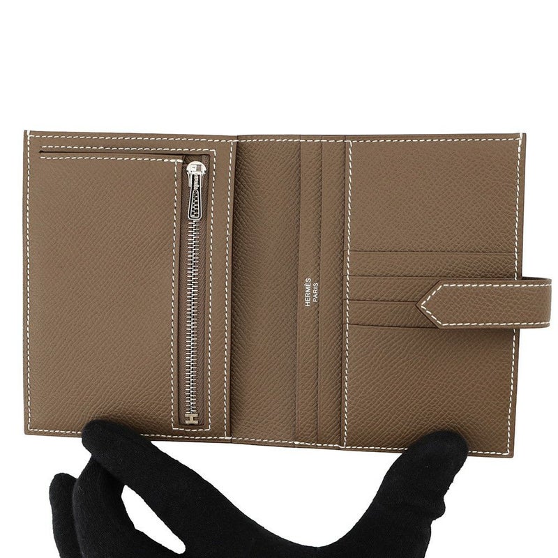 エルメス 二つ折り財布 ベアンコンパクト エトゥープ/シルバー金具 エプソン K刻印