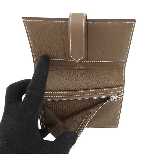 エルメス 二つ折り財布 ベアンコンパクト エトゥープ/シルバー金具 エプソン K刻印