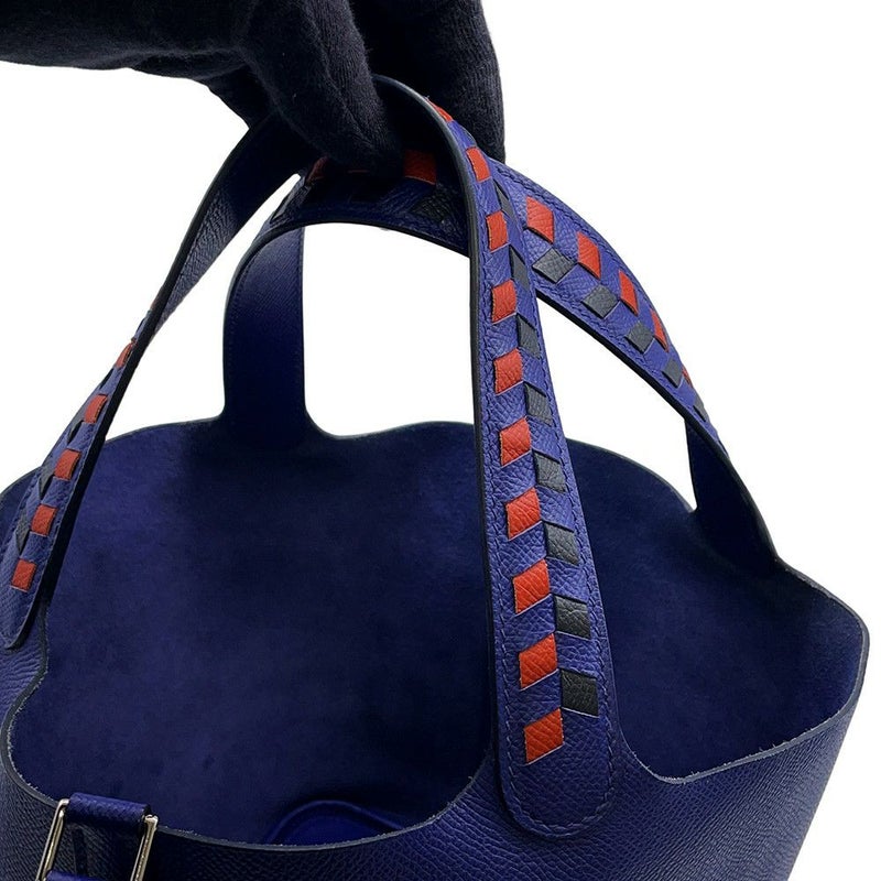 エルメス ハンドバッグ ピコタンロックMM トレサージュ ブルーアンクル/ブリック/ブラック/シルバー金具 エプソン D刻印