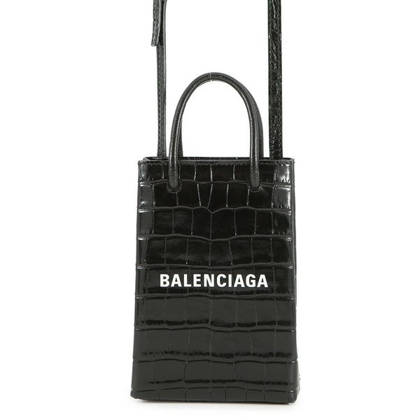 バレンシアガ ショルダーバッグ ショッピング フォンホルダーバッグ クロコ型押しレザー 593826 BALENCIAGA 黒