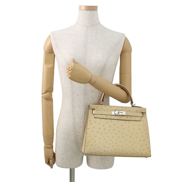 エルメス ハンドバッグ ケリー28 外縫い パーシュマン/シルバー金具 オーストリッチ T刻印 2wayショルダー