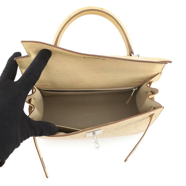 エルメス ハンドバッグ ケリー28 外縫い パーシュマン/シルバー金具 オーストリッチ T刻印 2wayショルダー