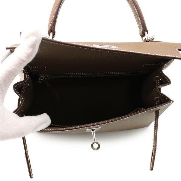 エルメス ハンドバッグ ケリー25 外縫い エトゥープ/シルバー金具 エプソン B刻印 2wayショルダー