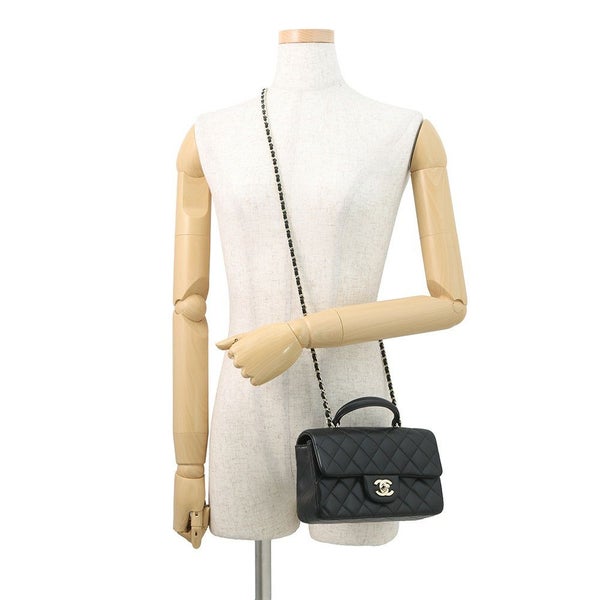 シャネル チェーンショルダーバッグ マトラッセ ココマーク トップハンドル ミニ ラムスキン AS2431 黒
