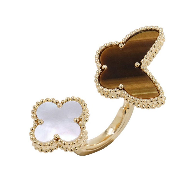 ヴァンクリ リング ラッキー アルハンブラ アントレ レ ドア リング タイガーズアイ/マザーオブパール K18YG サイズ約8号 指輪