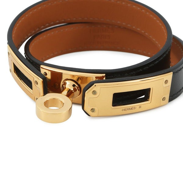 エルメス ブレスレット ケリー ドゥブルトゥール ブラック/ゴールド金具 ボックスカーフ B刻印 サイズT2 黒