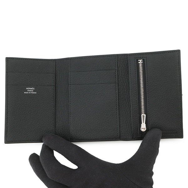 エルメス 三つ折り財布 ベアンコンビネ ブラック/シルバー金具 シェブルミゾル B刻印 HERMES 財布 黒