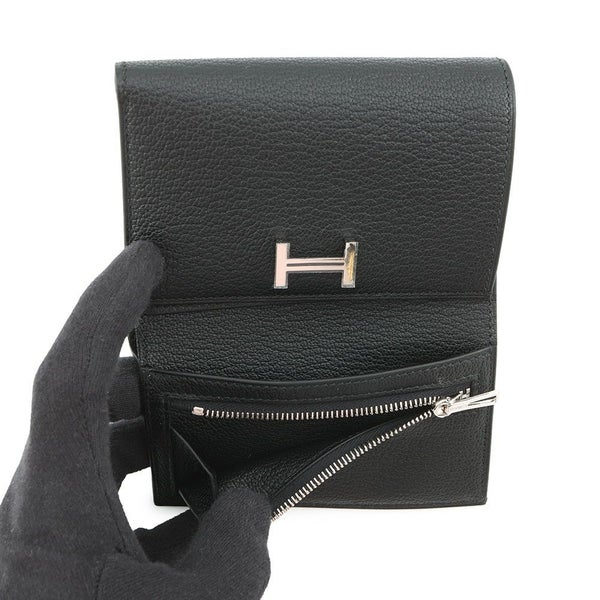エルメス 三つ折り財布 ベアンコンビネ ブラック/シルバー金具 シェブルミゾル B刻印 HERMES 財布 黒