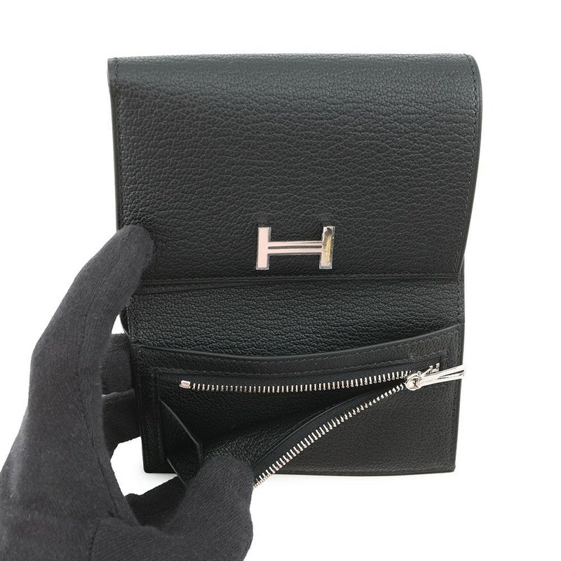 エルメス 三つ折り財布 ベアンコンビネ ブラック/シルバー金具 シェブルミゾル B刻印 HERMES 財布 黒