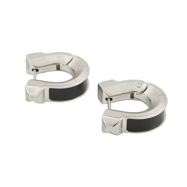 エルメス ピアス ジョケット PM ブラック/シルバー金具 ボックスカーフ/メタル HERMES アクセサリー 黒