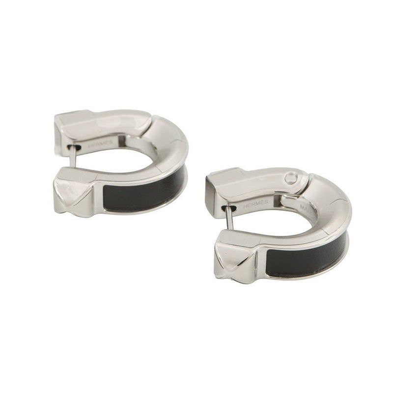 エルメス ピアス ジョケット PM ブラック/シルバー金具 ボックスカーフ/メタル HERMES アクセサリー 黒