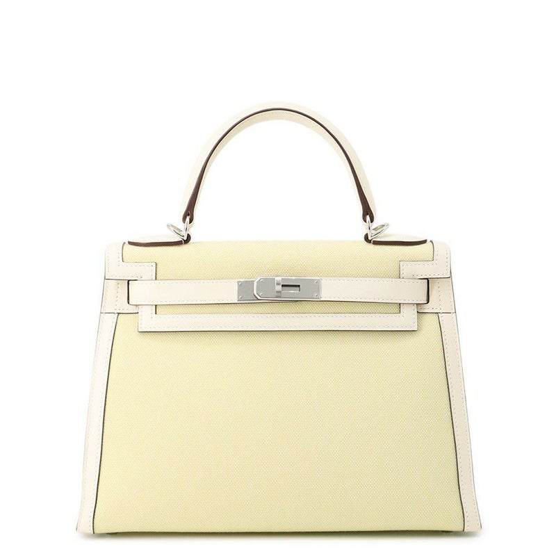 エルメス ハンドバッグ ケリー28 外縫い ナタ/ジョーヌシトロン/シルバー金具 トワルアッシュ/スイフト U刻印 2wayショルダー