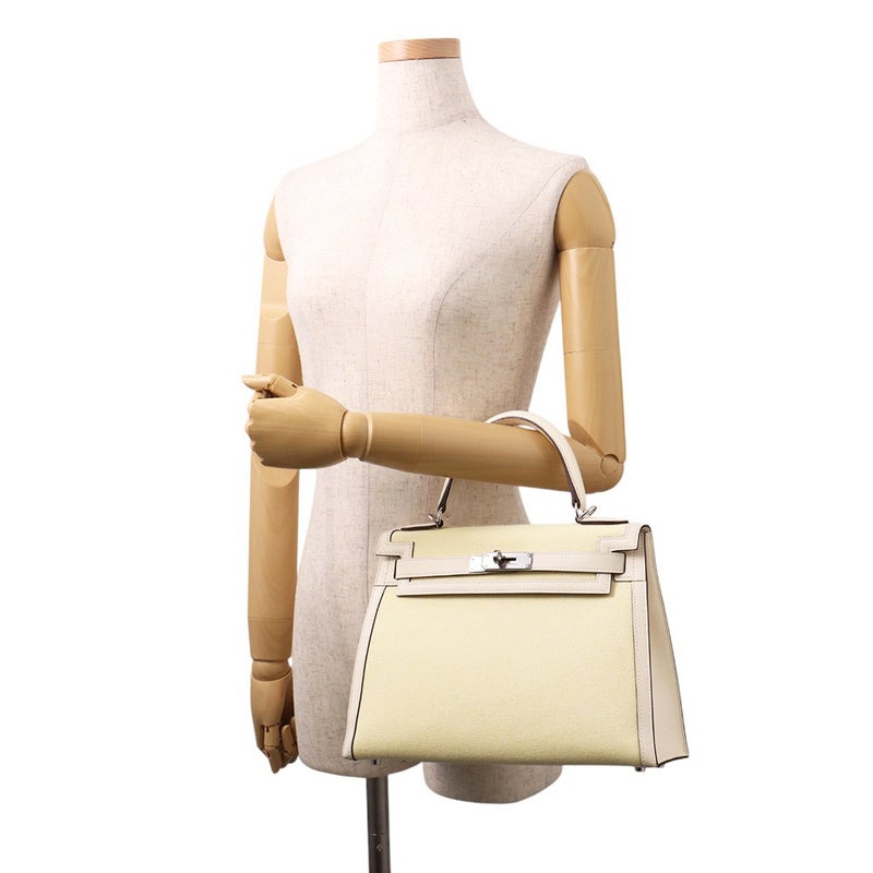 エルメス ハンドバッグ ケリー28 外縫い ナタ/ジョーヌシトロン/シルバー金具 トワルアッシュ/スイフト U刻印 2wayショルダー
