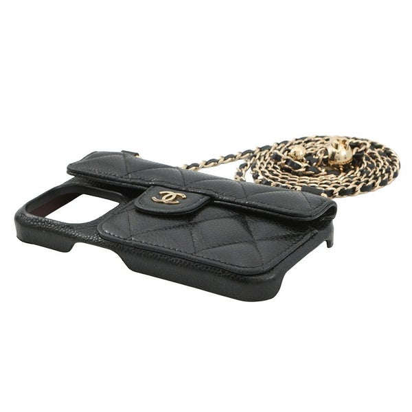 シャネル iPhoneケース マトラッセ ココマーク カードケース付き キャビアスキン AP3553 iPhone14pro対応 黒