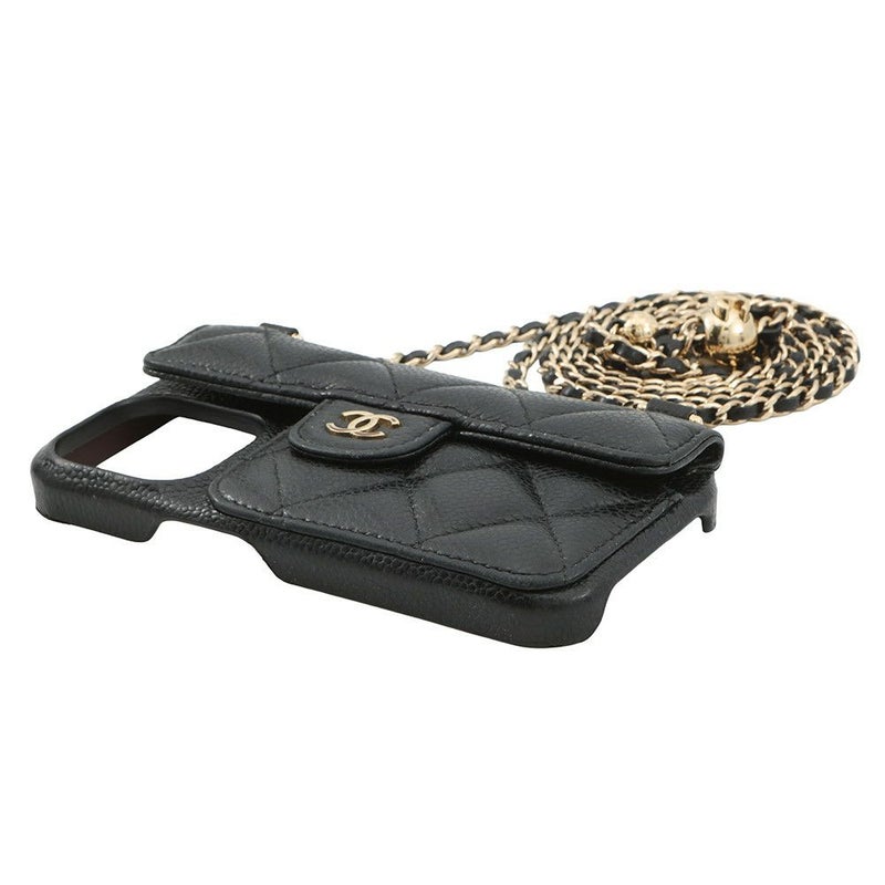 シャネル iPhoneケース マトラッセ ココマーク カードケース付き キャビアスキン AP3553 iPhone14pro対応 黒